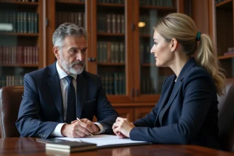 Notaire en costume bleu écoute une cliente dans un bureau élégant