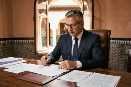 Notaire marocain examinant des documents de propriété dans un bureau à Marrakech pour l'achat d'une maison