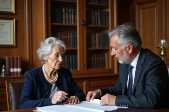 Une femme âgée et un notaire examinent des documents lors d'une vente en viager dans une étude notariale classique