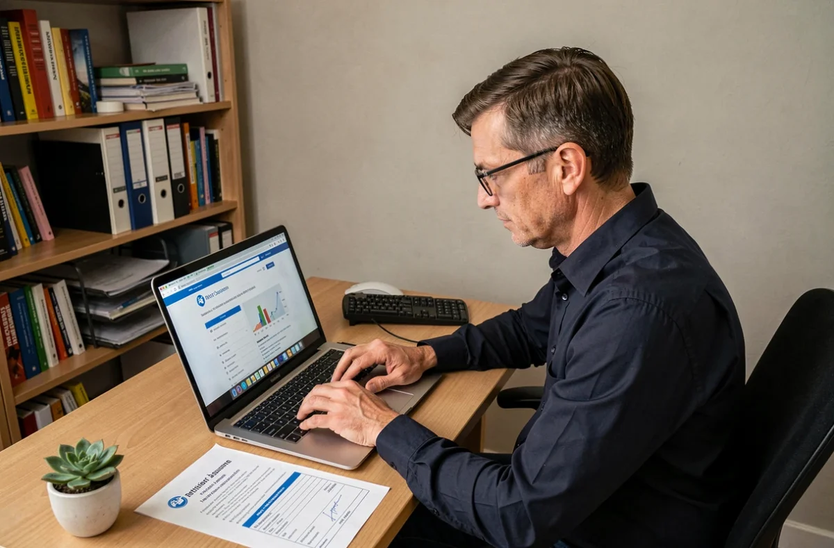 Homme consultant son attestation d'assurance habitation en ligne depuis son bureau à domicile