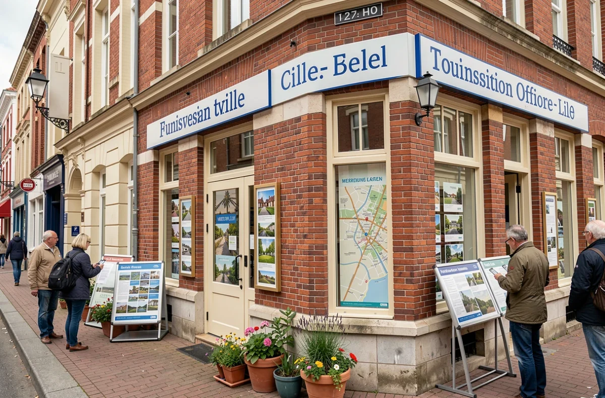 Façade de l'office de tourisme de Lille avec brochures de location saisonnière et carte touristique en vitrine