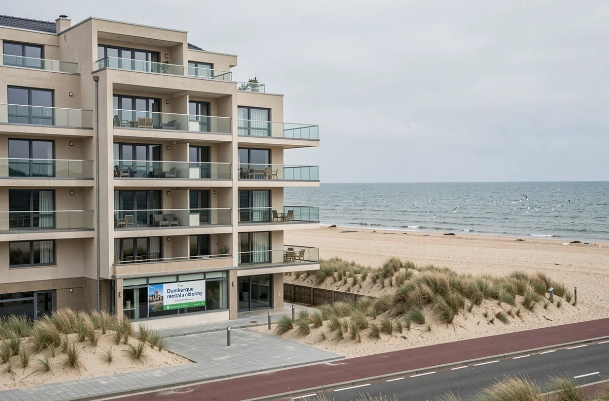 Immeuble de location balnéaire à Dunkerque avec balcons vue mer sur le littoral Nord et bannière d'agence touristique