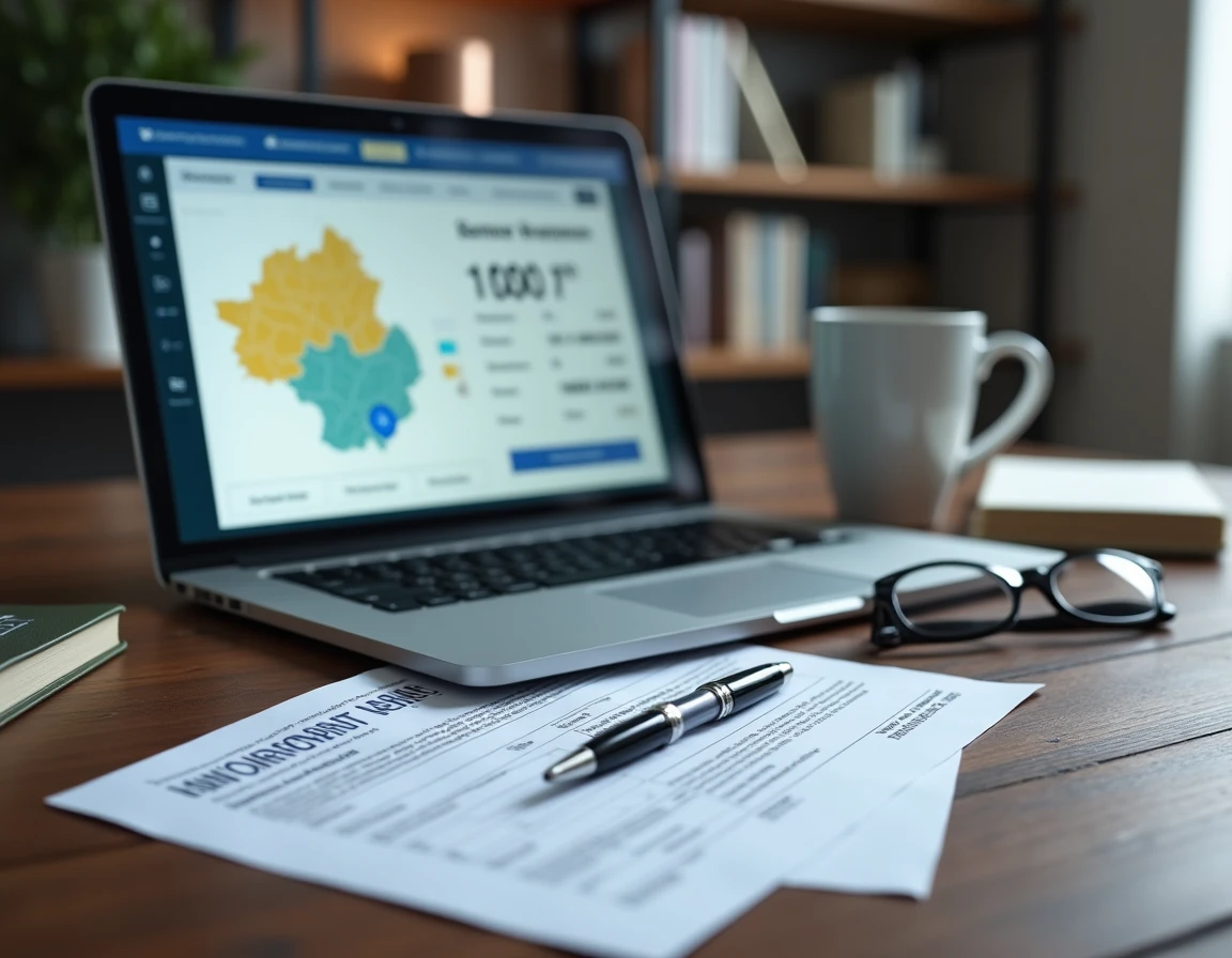 Outil en ligne d'estimation immobilière affiché sur ordinateur portable avec documents de succession sur un bureau en bois
