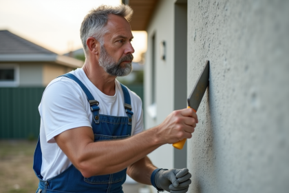 Ouvrier en overalls appliquant un enduit extérieur sur une maison