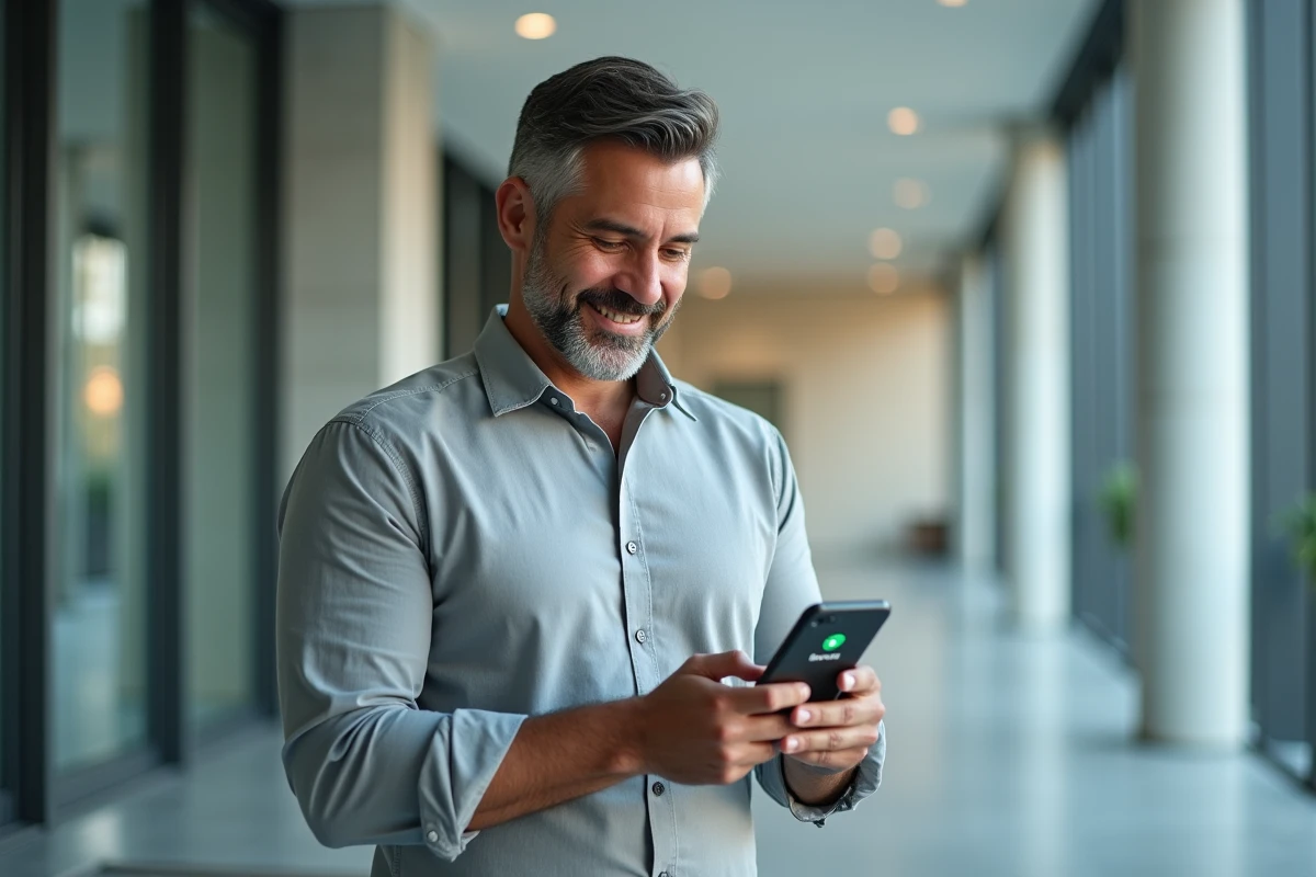 Homme vérifiant la confirmation d'un paiement locatif sécurisé sur son smartphone dans le hall d'un immeuble moderne