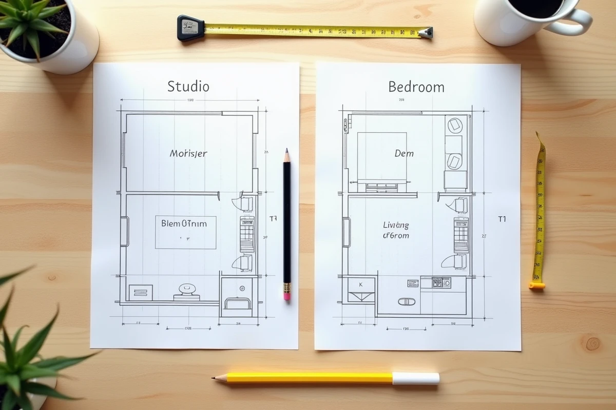 Vue aérienne de plans d'appartement studio et T1 posés sur une table en bois avec outils de mesure
