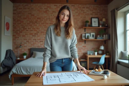 Jeune femme consultant un plan de studio apartment dans un appartement de type studio avec espace unique ouvert