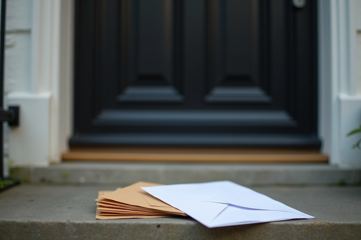 Porte de maison fermée avec enveloppes et papiers légaux