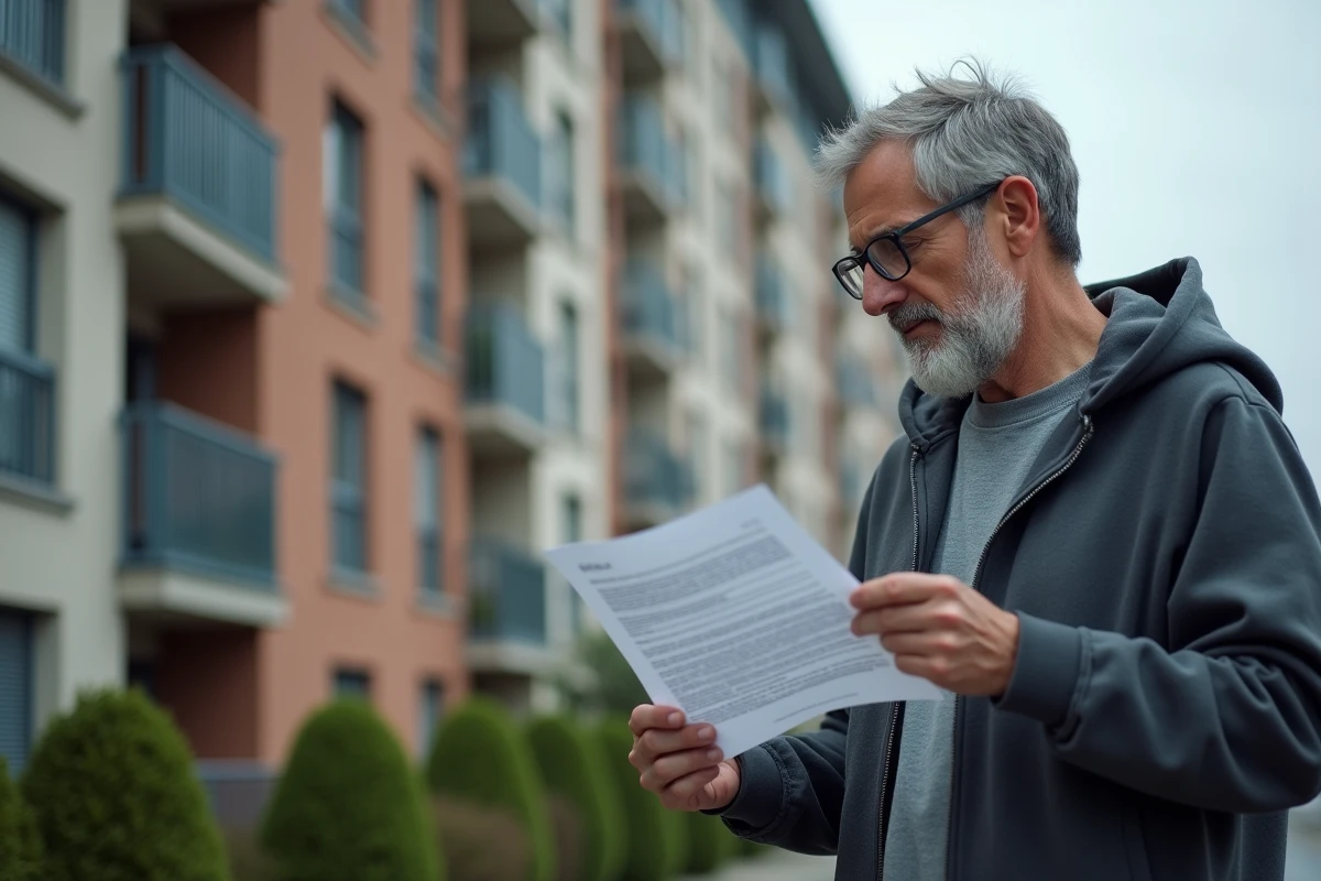 Homme consultant un courrier de priorité de logement social devant un immeuble HLM en zone urbaine