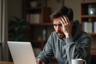 Homme frustré face à un problème de connexion sur son compte en ligne depuis un ordinateur portable à la maison