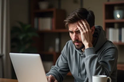 Homme frustré face à un problème de connexion sur son compte en ligne depuis un ordinateur portable à la maison