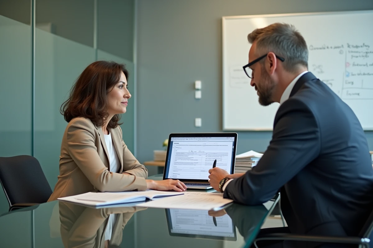 Deux professionnels de l'immobilier mettant à jour les données d'une copropriété dans le registre officiel en ligne