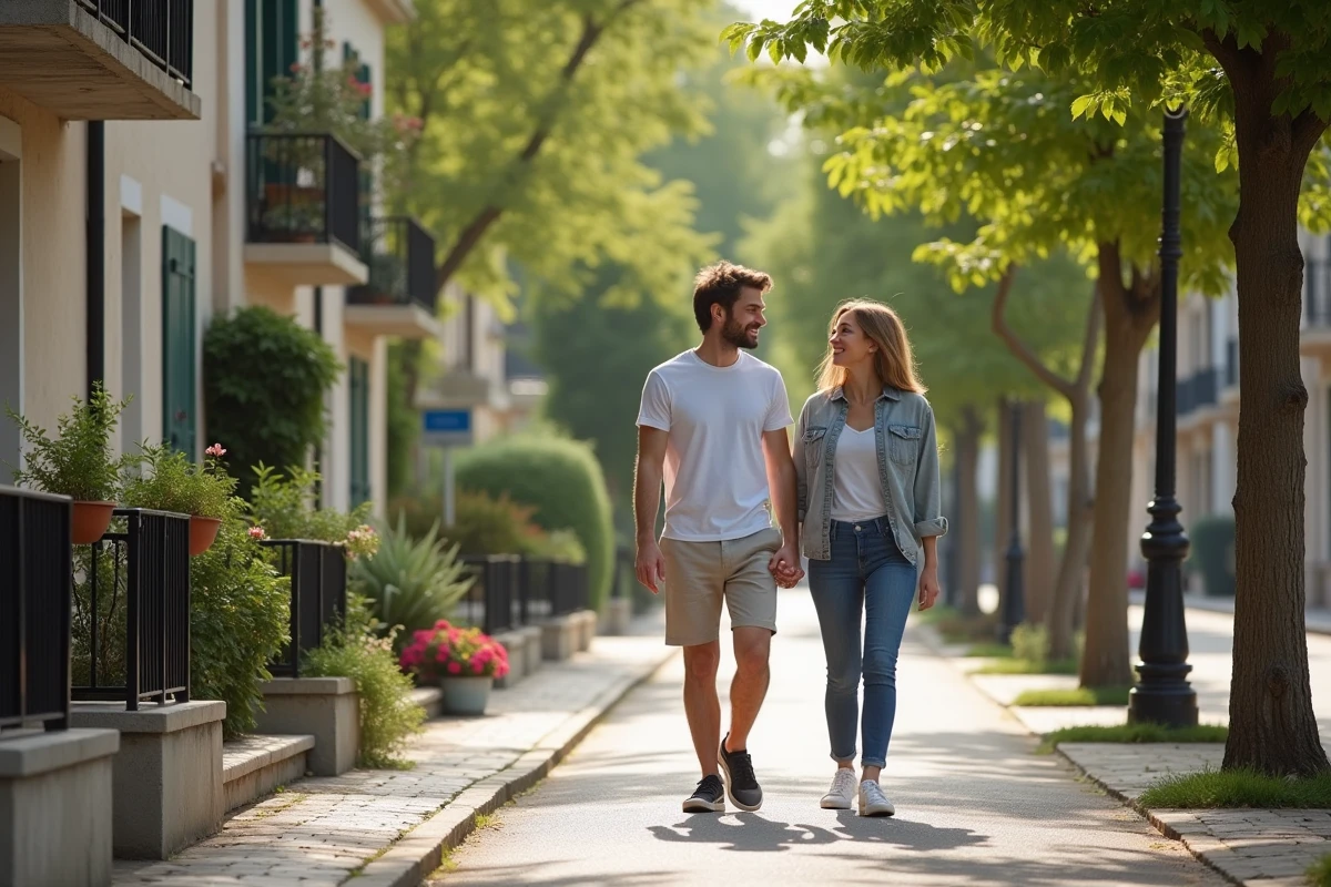 Jeune couple se promenant dans une avenue arborée à Conflans