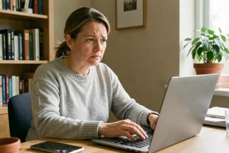 Femme propriétaire consultant son espace MyFoncia sur un ordinateur portable pour récupérer son mot de passe oublié