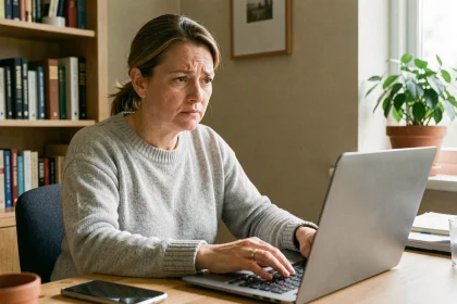 Femme propriétaire consultant son espace MyFoncia sur un ordinateur portable pour récupérer son mot de passe oublié