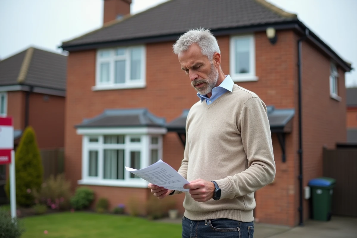 Propriétaire tenant un rapport d'estimation immobilière devant sa maison individuelle à vendre