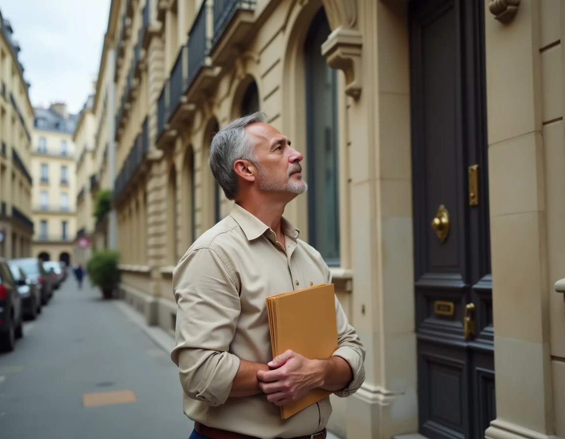 Propriétaire devant un immeuble haussmannien tenant des documents de vente en viager d'un appartement loué à Paris