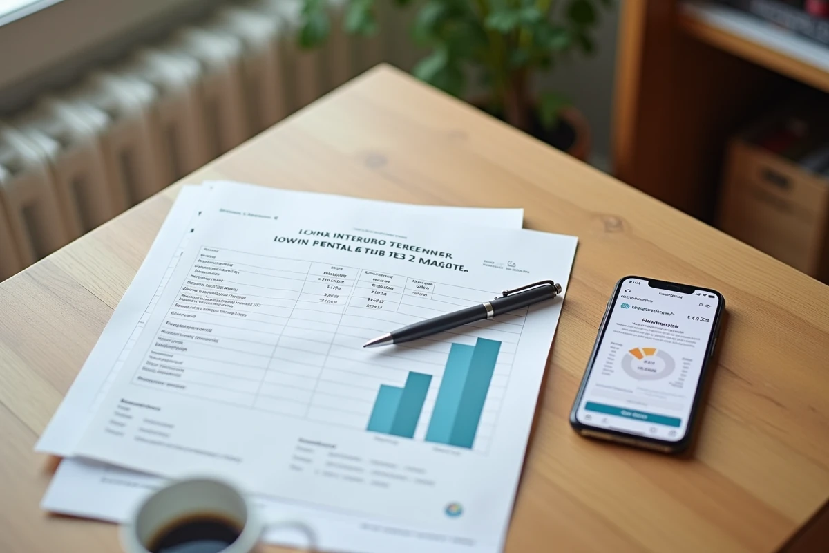 Bureau avec rapport d'estimation de loyer à Lyon, smartphone affichant un outil d'estimation immobilière et stylo posé sur des documents