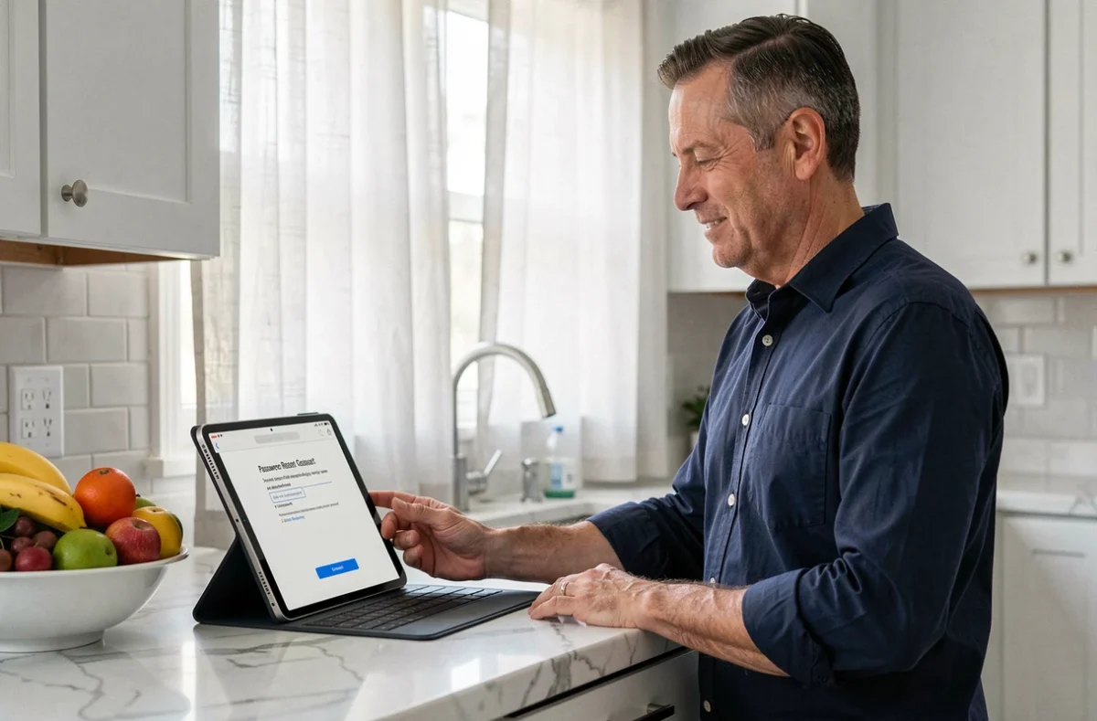 Propriétaire masculin réinitialisant son mot de passe du compte MyFoncia sur une tablette dans sa cuisine