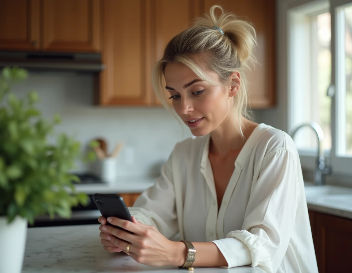 Femme tentant de réinitialiser son mot de passe sur un smartphone pour accéder à son compte d'annonces en ligne