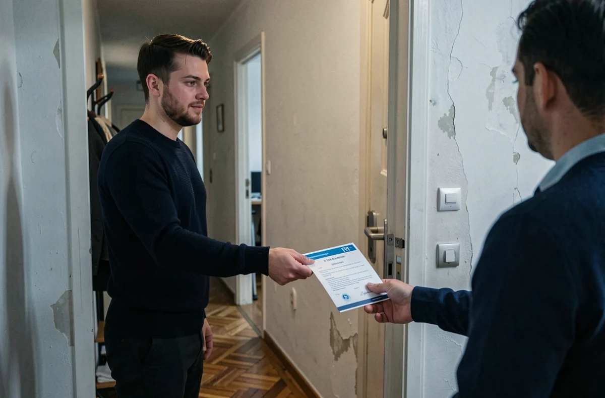 Locataire remettant son attestation d'assurance habitation au propriétaire à l'entrée de l'appartement
