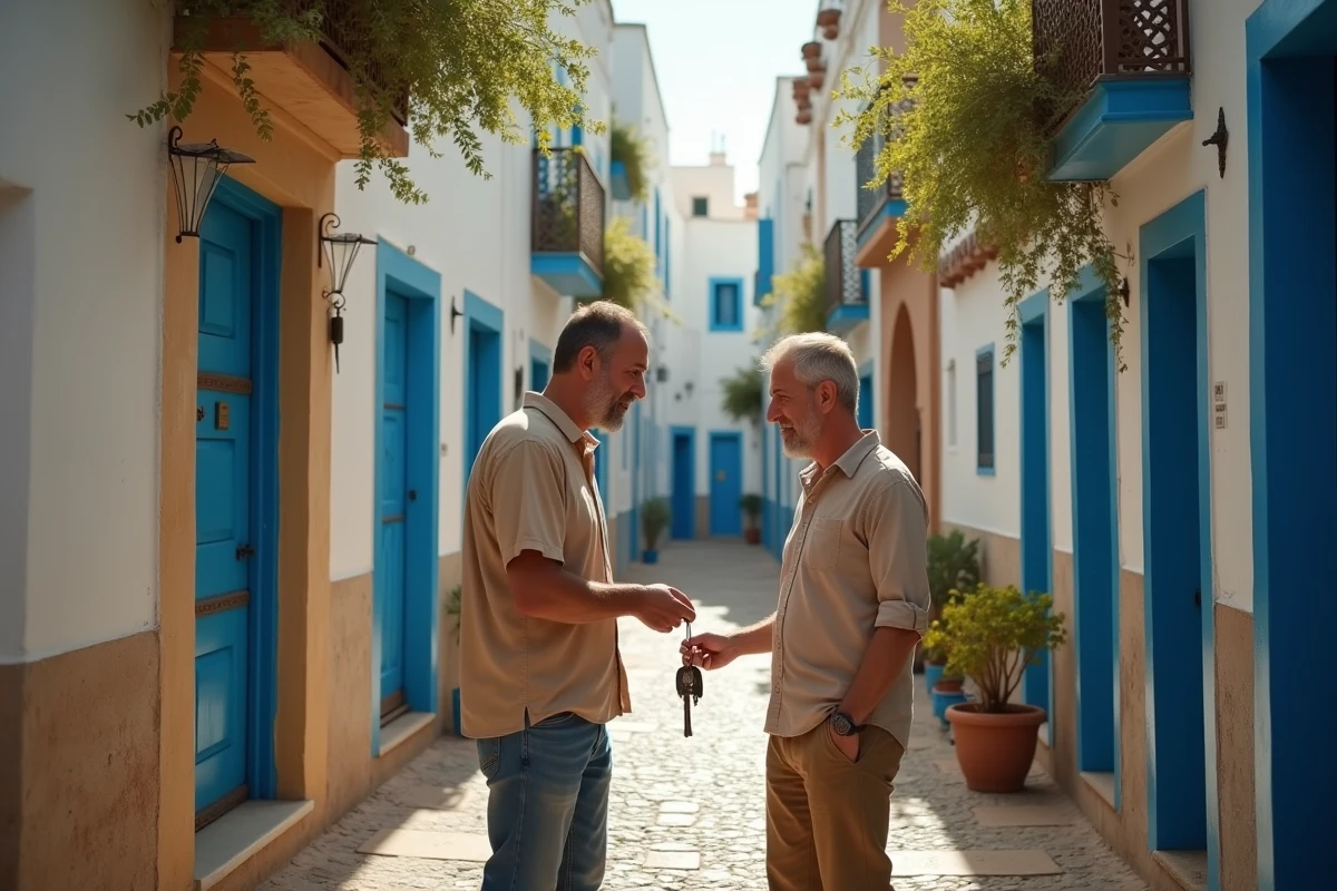 Agent immobilier remettant les clés d'un riad à un couple étranger dans une ruelle de la médina d'Essaouira, symbolisant la location longue durée au Maroc