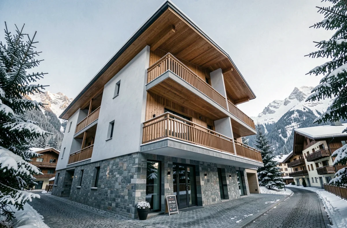 Résidence Pierre et Vacances en montagne avec panneau de revente immobilière affiché à l'entrée