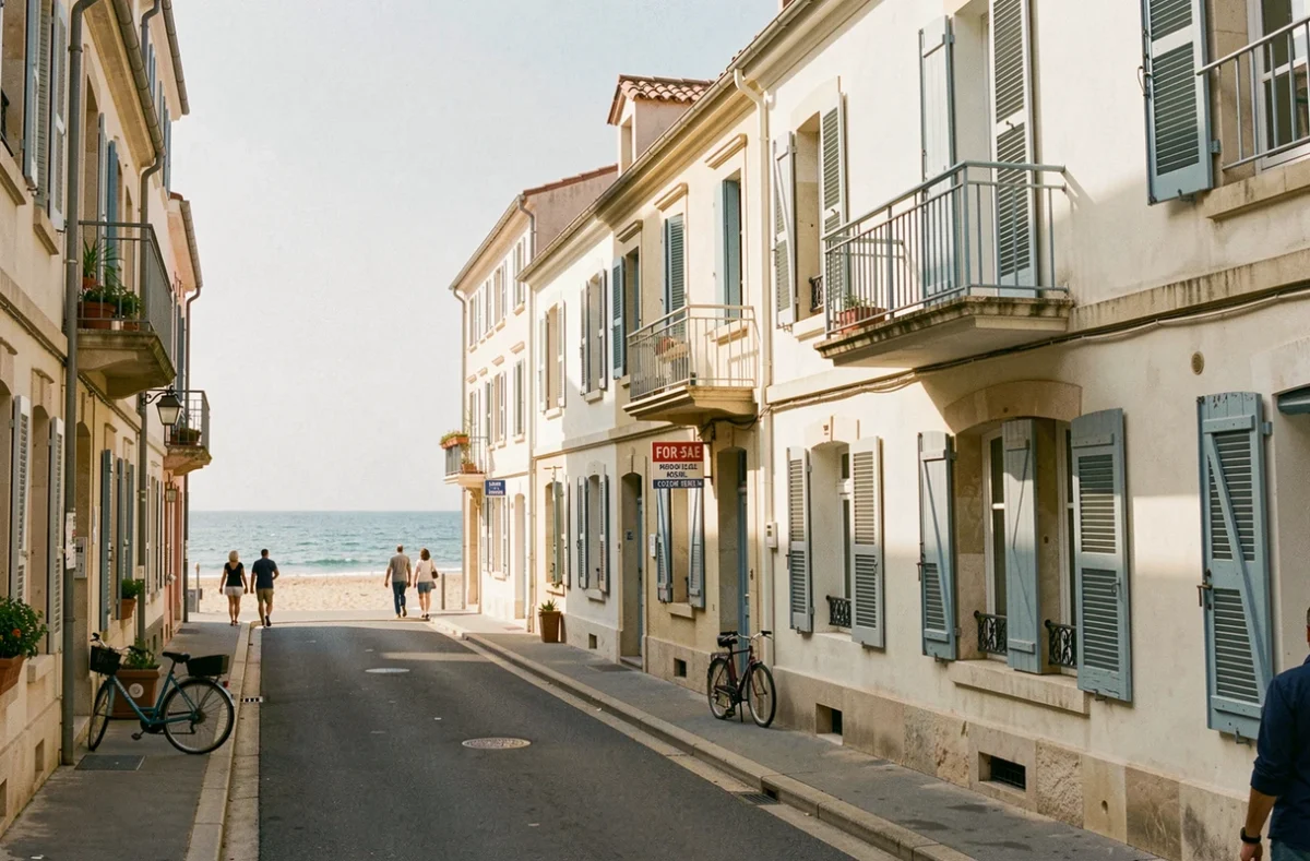 Résidence Pierre et Vacances en bord de mer avec panneau à vendre dans une station balnéaire française sur la côte Atlantique
