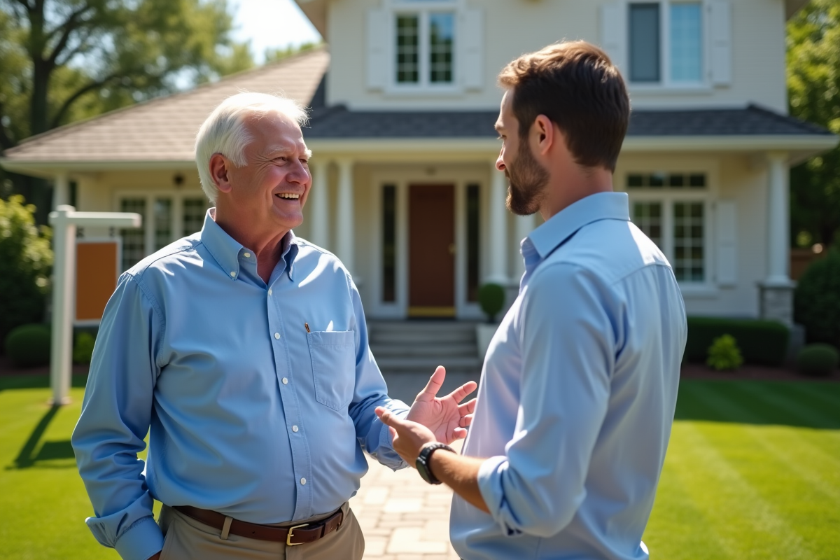 Homme retraité discutant avec agent immobilier devant une maison
