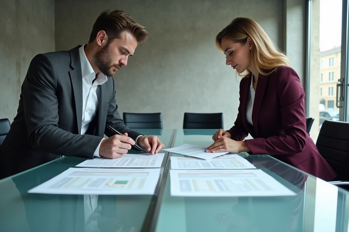 Deux professionnels en réunion étudiant un dossier d'acquisition immobilière avec montages notariaux dans une salle de conférence