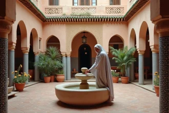 Femme en djellaba dans le patio d'un riad traditionnel à Essaouira avec fontaine en zellige et ciel ouvert, idéal pour une location longue durée