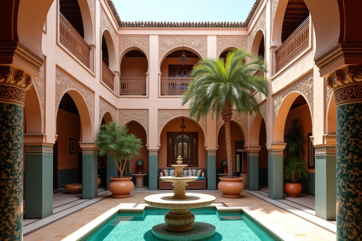 Intérieur d'un riad traditionnel rénové à Marrakech idéal pour la location saisonnière touristique