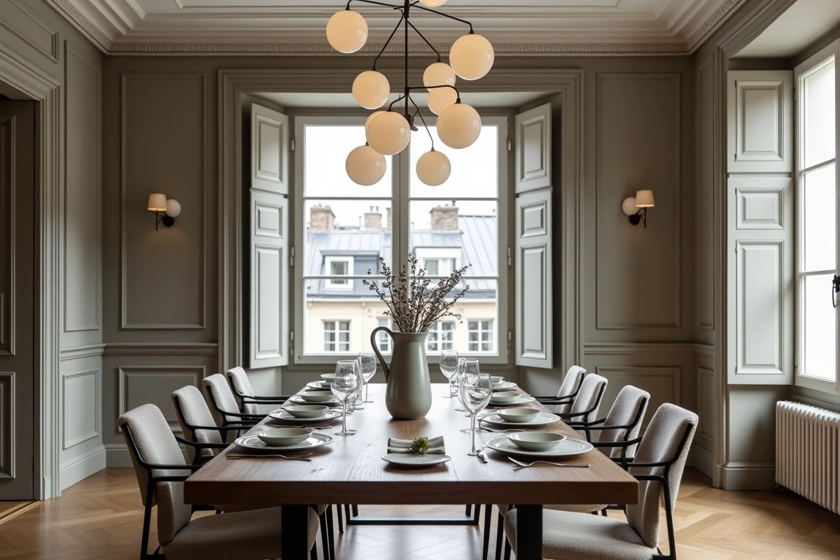 Salle à manger haussmannienne avec table en chêne fumé, chaises métal noir et suspension en verre dépoli devant des volets anciens