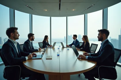 Réunion professionnelle dans une salle de conférence moderne de l'Almas Tower à Jumeirah Lakes Towers Dubai avec vue panoramique sur le lac