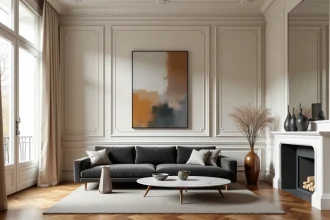 Salon haussmannien avec parquet à chevrons, moulures en plâtre et canapé velours contemporain face à une cheminée en marbre blanc