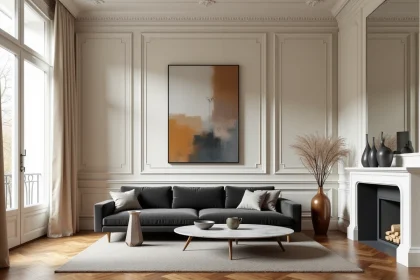 Salon haussmannien avec parquet à chevrons, moulures en plâtre et canapé velours contemporain face à une cheminée en marbre blanc