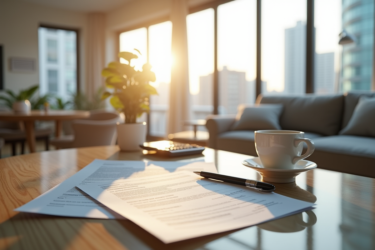Salon lumineux avec contrat immobilier et calculatrice