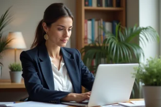 Femme consultant une plateforme sécurisée de paiement locatif sur son ordinateur portable dans un appartement parisien