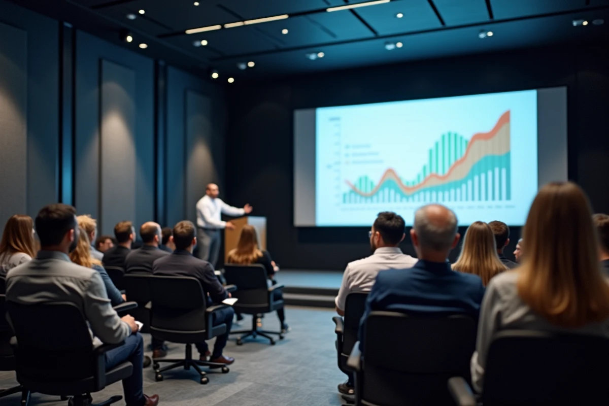 Séminaire d'entreprise avec présentation sur scène dans la salle de conférence de l'Almas Tower Jumeirah Lakes Towers à Dubaï