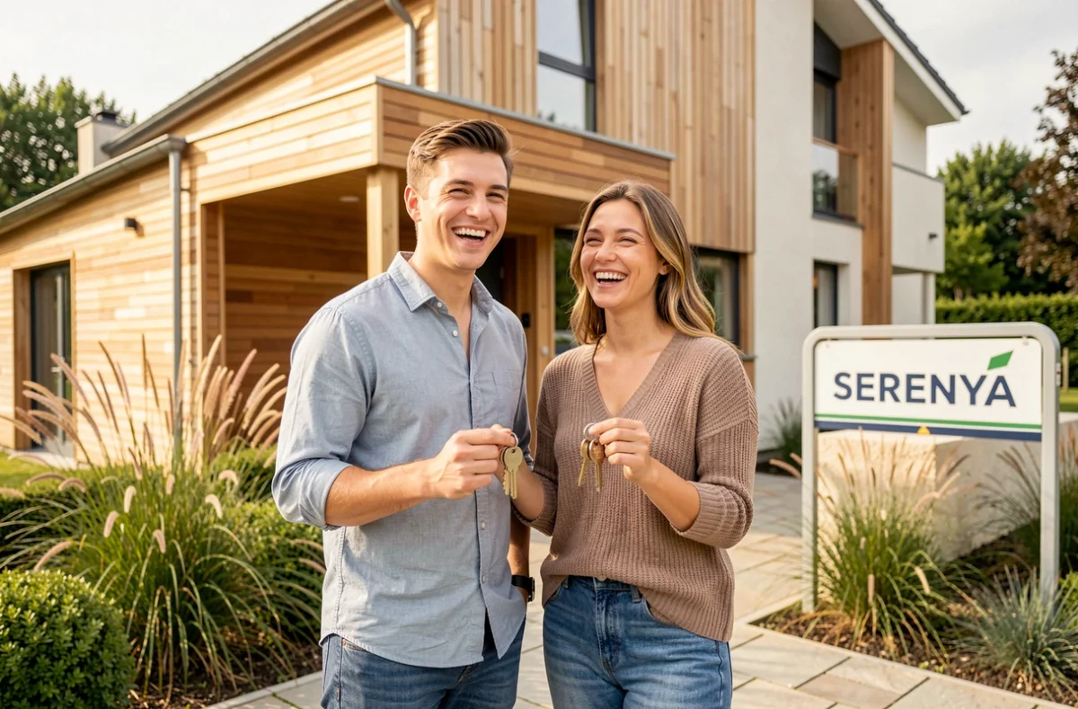 Couple de nouveaux propriétaires tenant leurs clés devant un programme résidentiel Serenya dans le Loiret