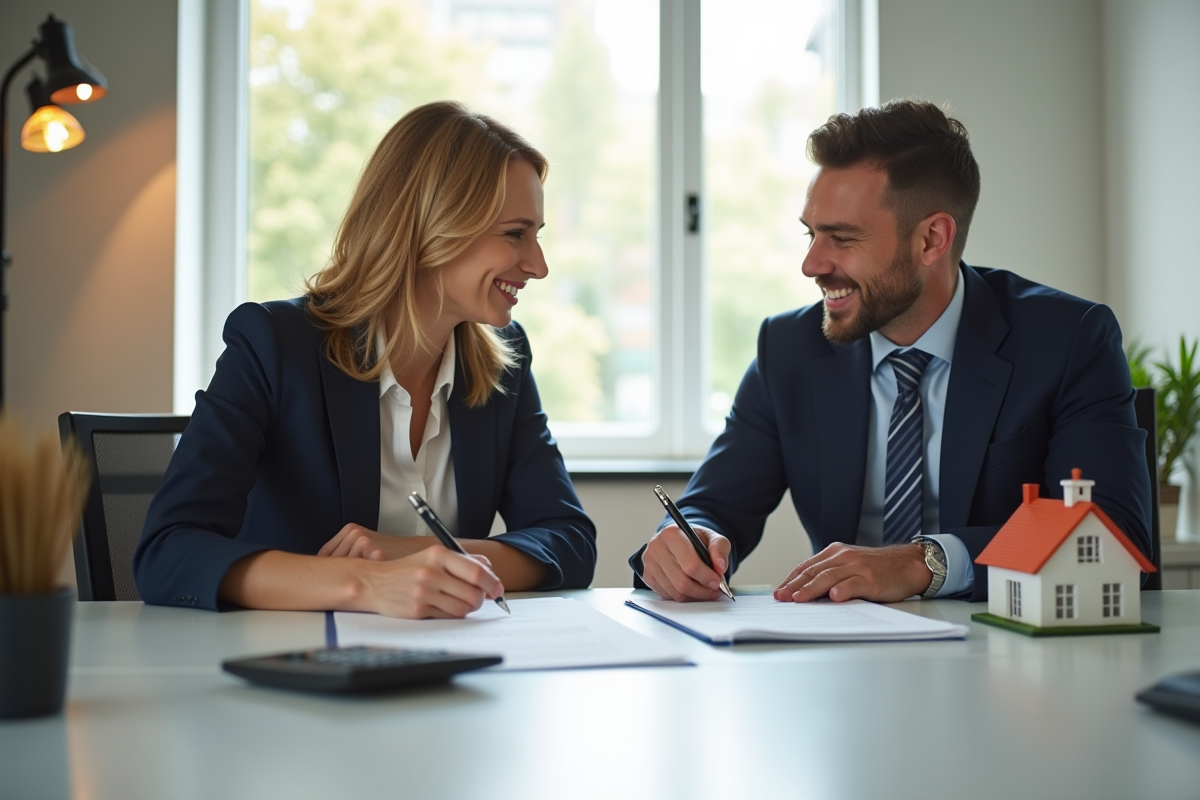 Professionnel et client signant des documents avec une maison modèle et calculatrice