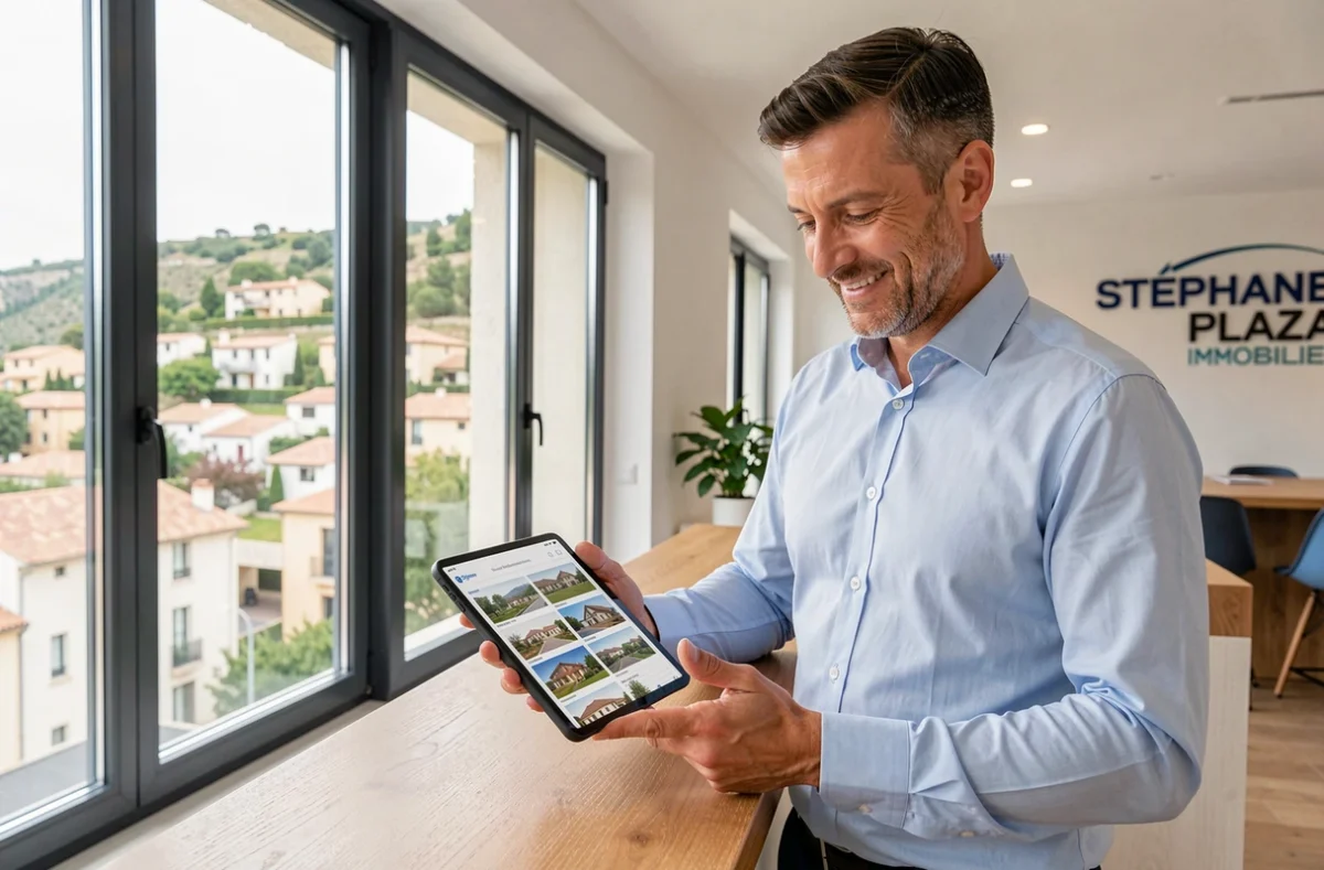 Agent de l'agence Stéphane Plaza Immobilier Aubenas consultant des annonces immobilières sur une tablette dans un bureau moderne