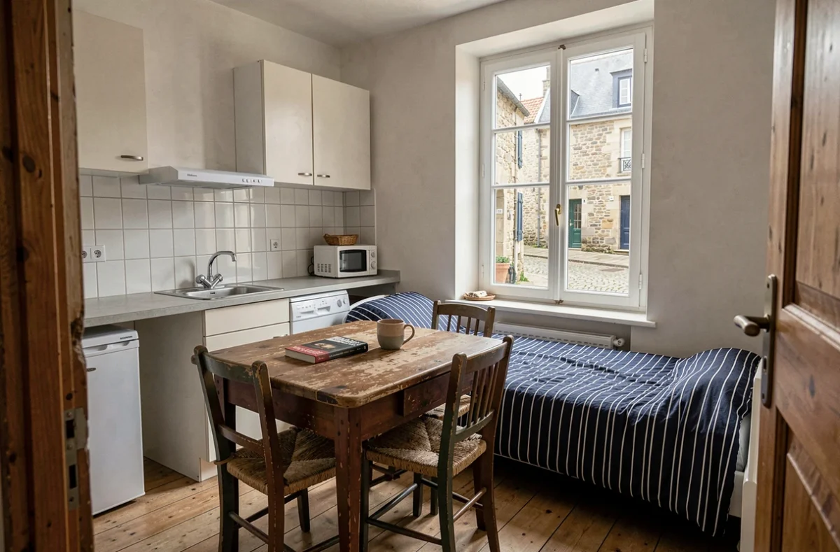 Intérieur d'un studio meublé à petit budget à Concarneau avec vue sur une rue bretonne typique en pierre