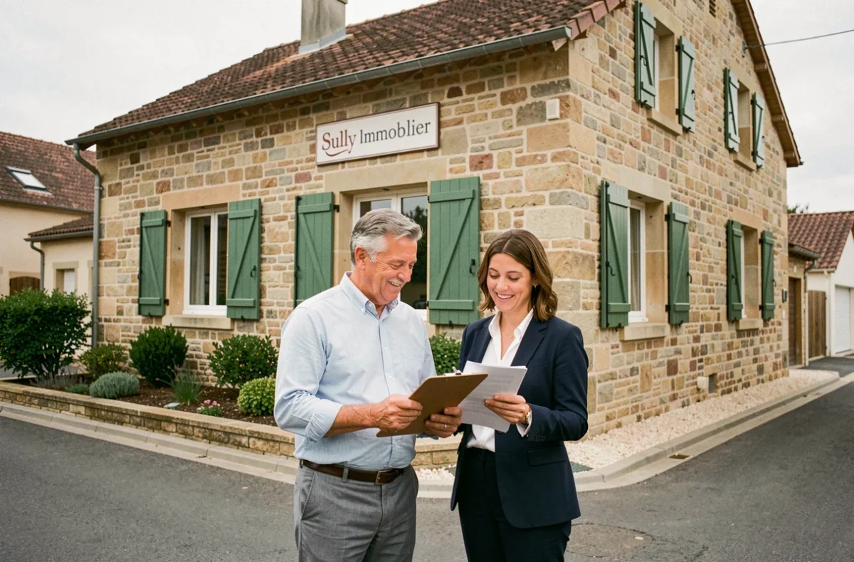 Équipe de Sully Immobilier devant un programme résidentiel en pierre dans le Loiret