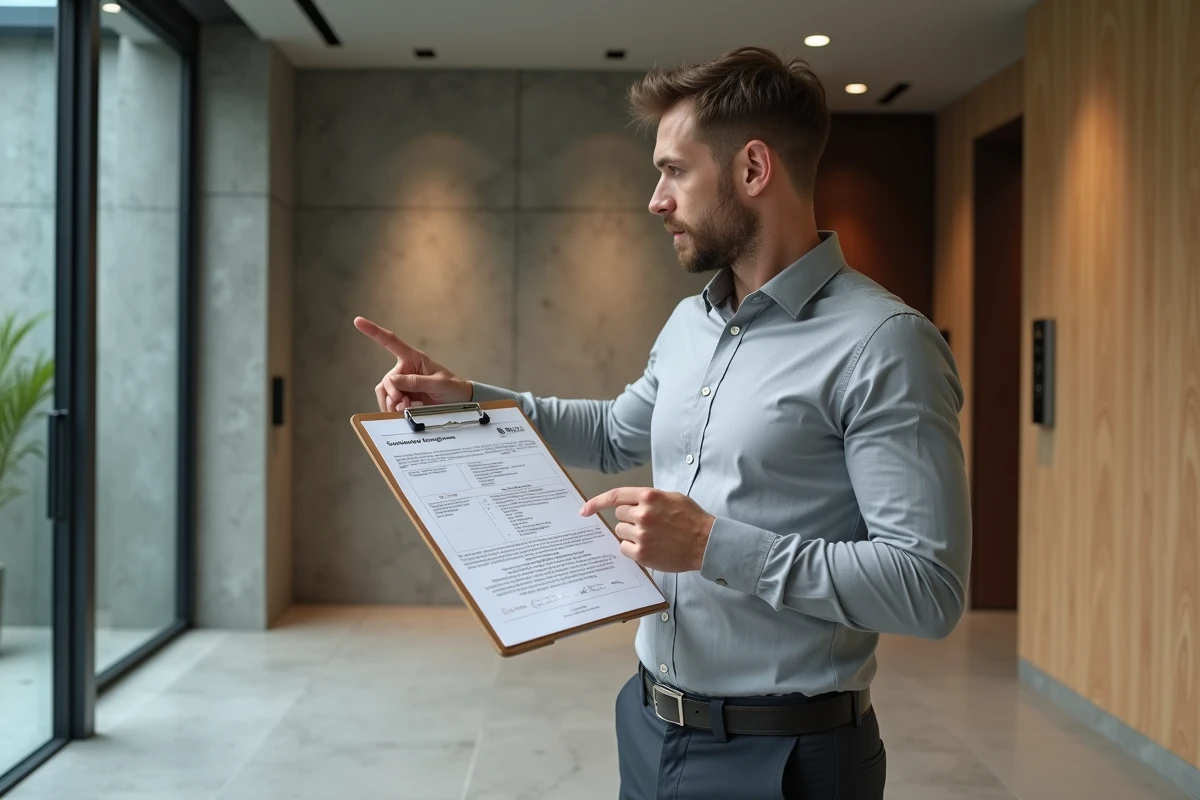 Syndic de copropriété vérifiant les informations du registre national dans le hall d'un immeuble résidentiel