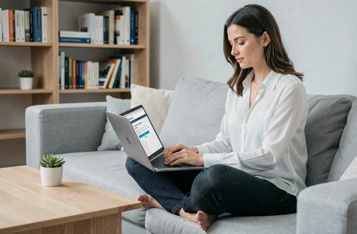 Femme locataire téléchargeant son attestation d'assurance habitation en ligne sur son ordinateur portable