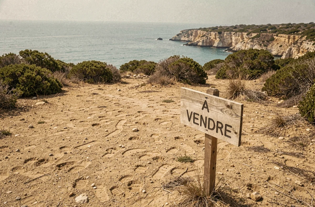 Terrain en bord de mer à vendre avec panneau immobilier, vue sur la côte méditerranéenne