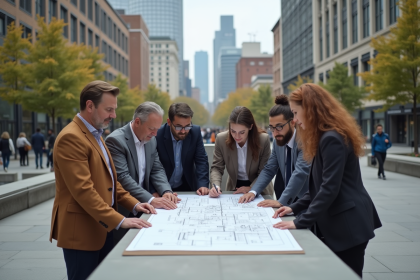 Groupe d'urbanistes examinant des plans architecturaux en extérieur