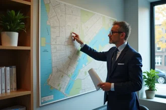 Homme en costume pointant un plan de zonage en réunion
