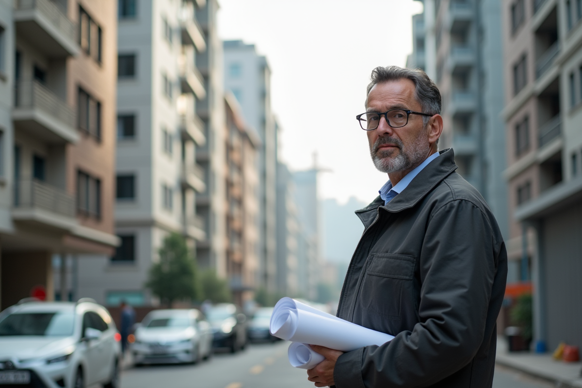 Urbaniste avec plans dans un quartier en développement
